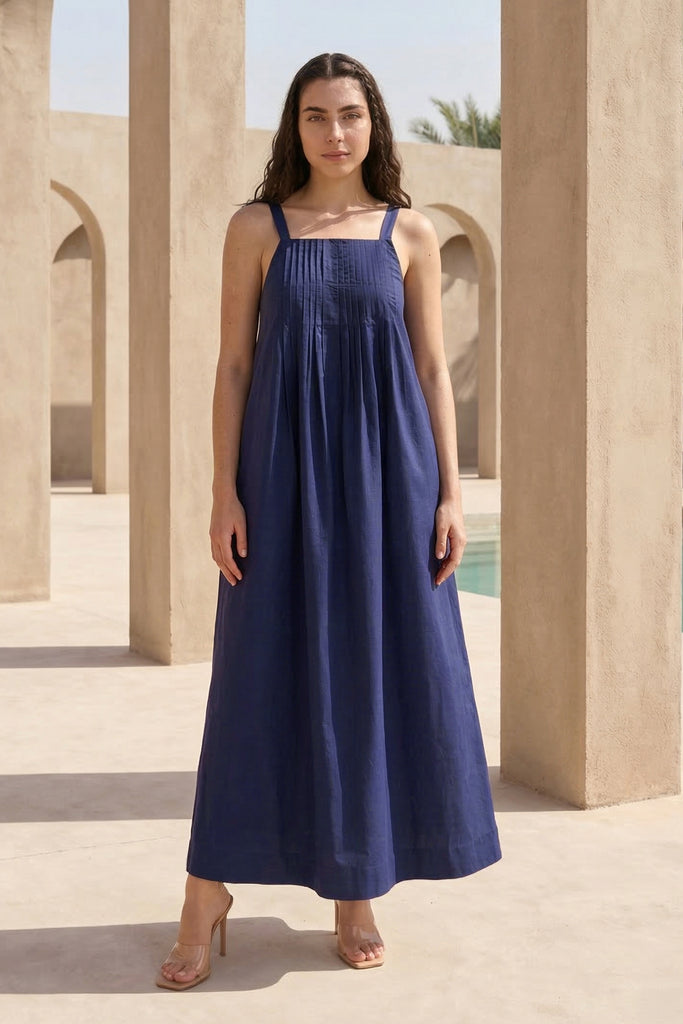 NAVY POPLIN MIDI dash and dot