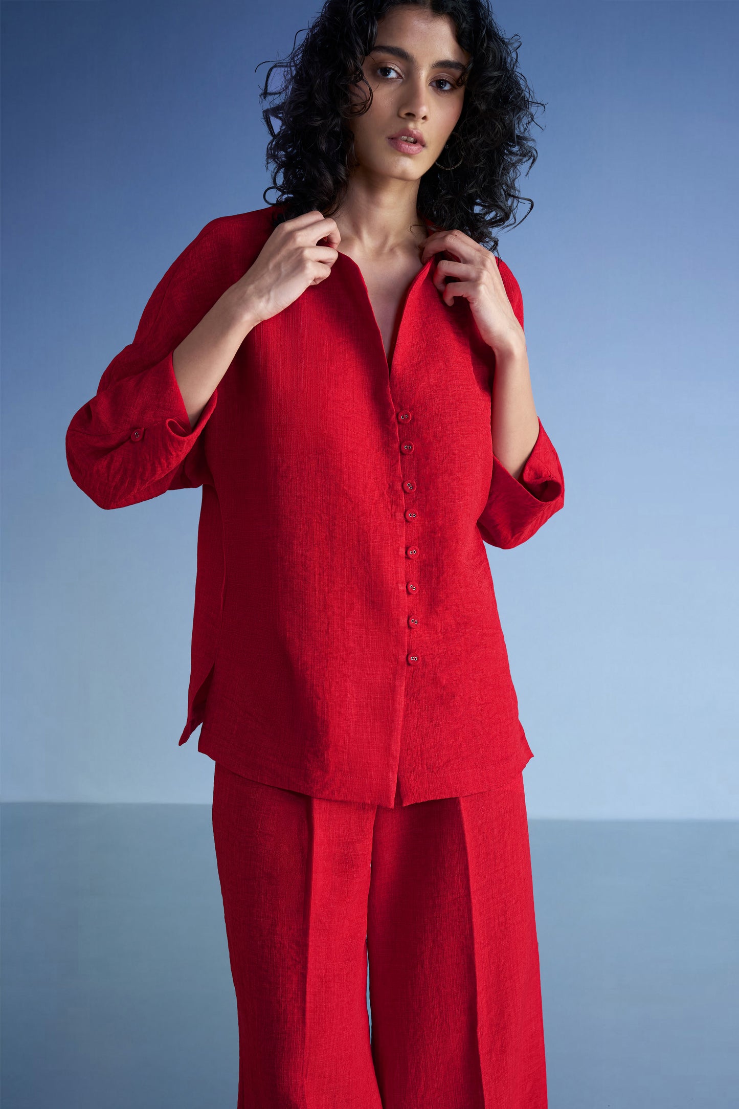 BUTTONED CUFF LINEN-TEXTURED SHIRT & WIDE-LEGGED PANT SET