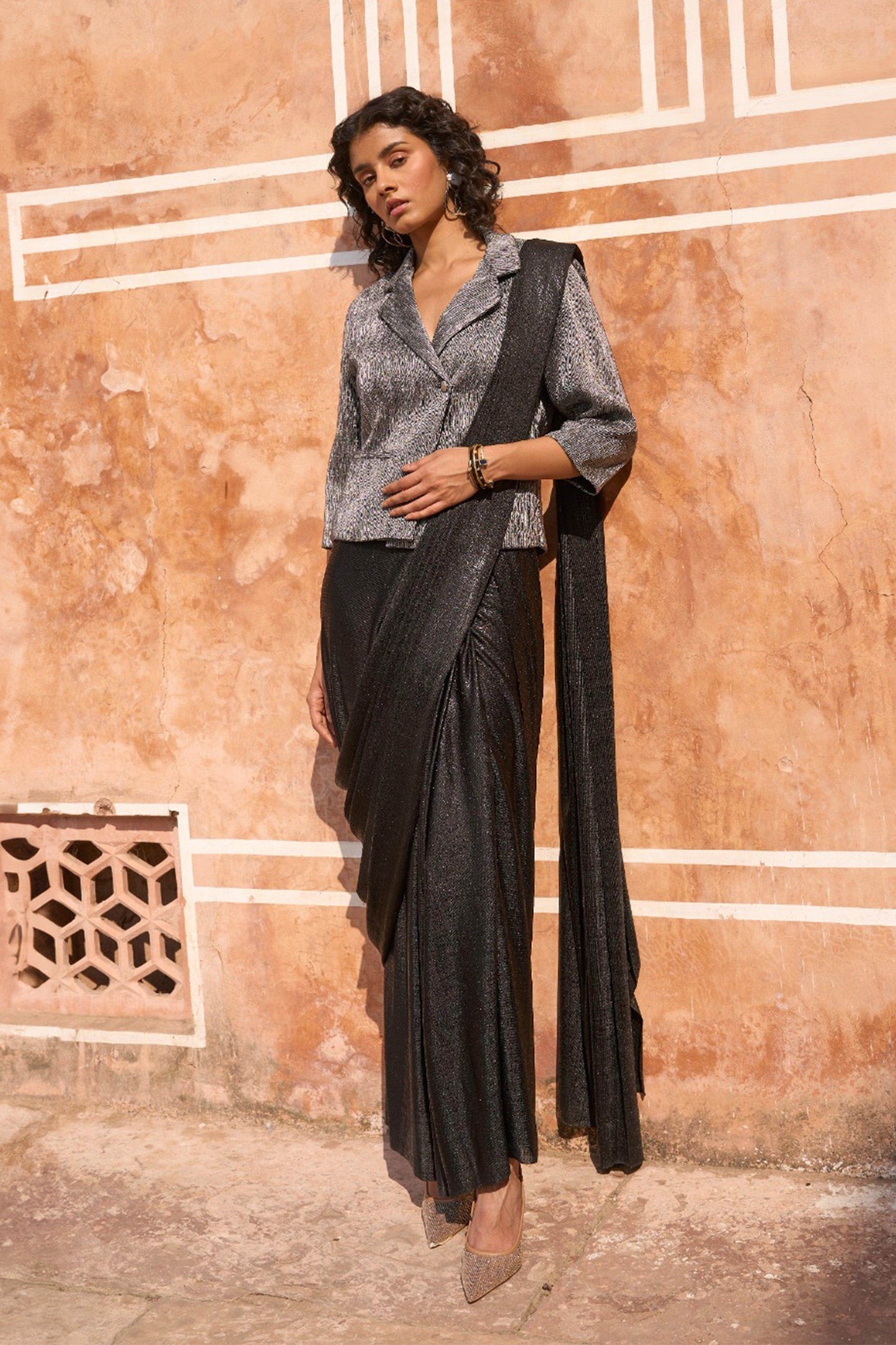 PLEATED METALLIC BLAZER TOP AND BLACK SARI DRAPE SKIRT - dash and dot