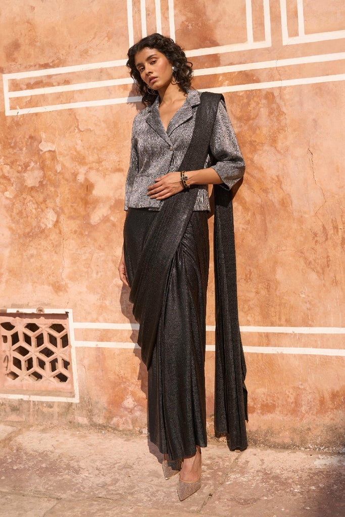 PLEATED METALLIC BLAZER TOP AND BLACK SARI DRAPE SKIRT - dash and dot dash and dot
