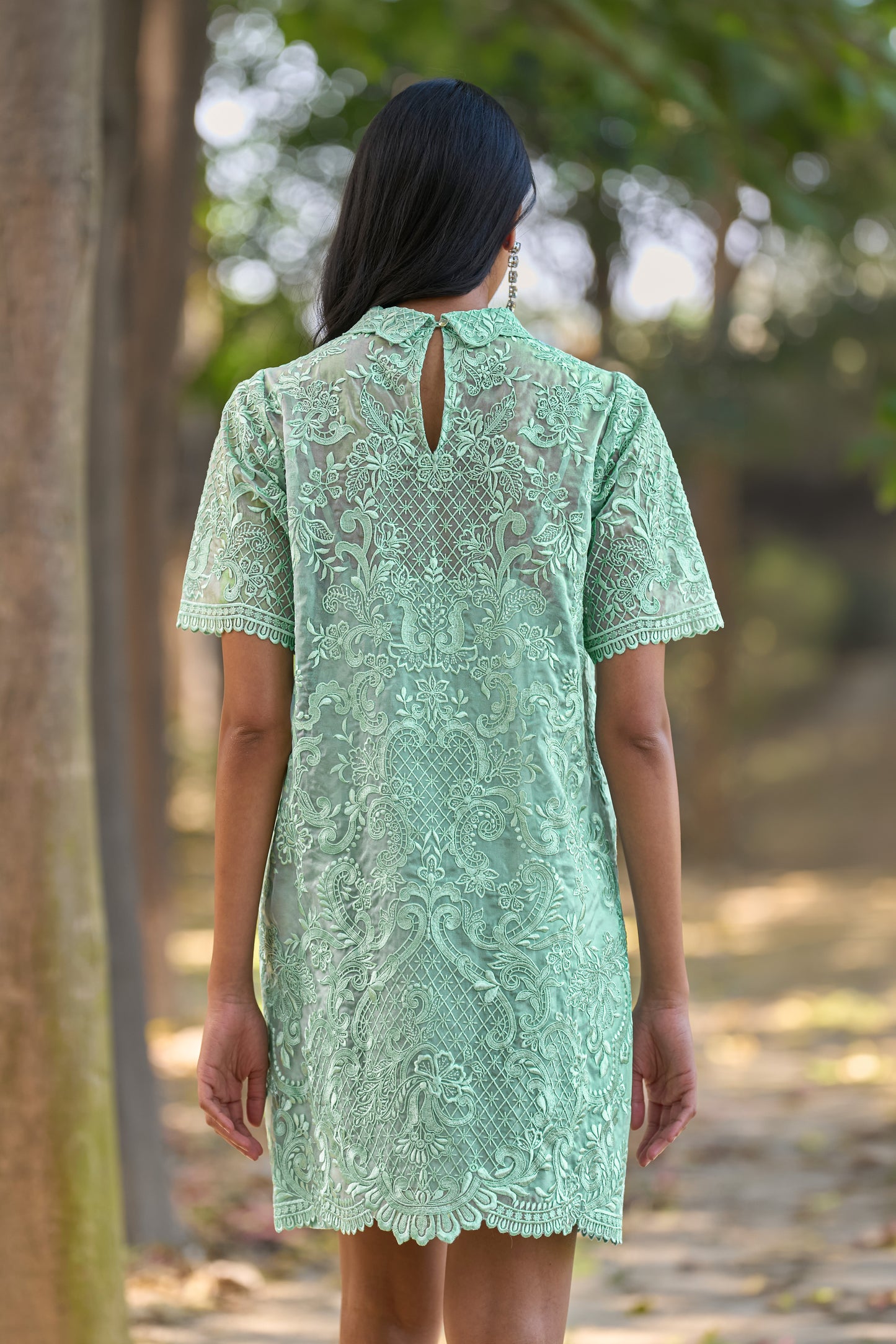 SCALLOPED EMBROIDERED MINI SHIRT DRESS