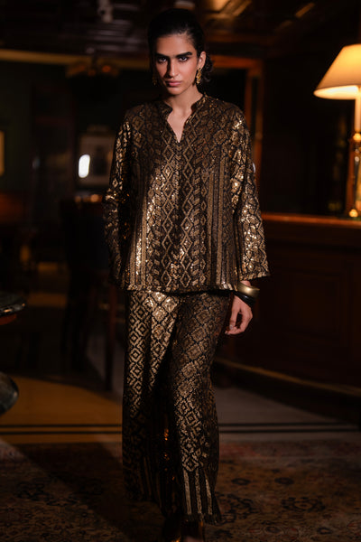 GEOMETRIC SEQUIN EMBROIDERED WIDE-LEGGED PANT
