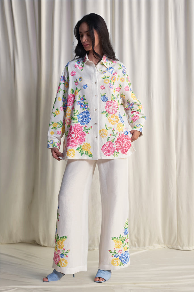 LINEN FLORAL CROSS-STITCH EMBROIDERED PANT dash and dot