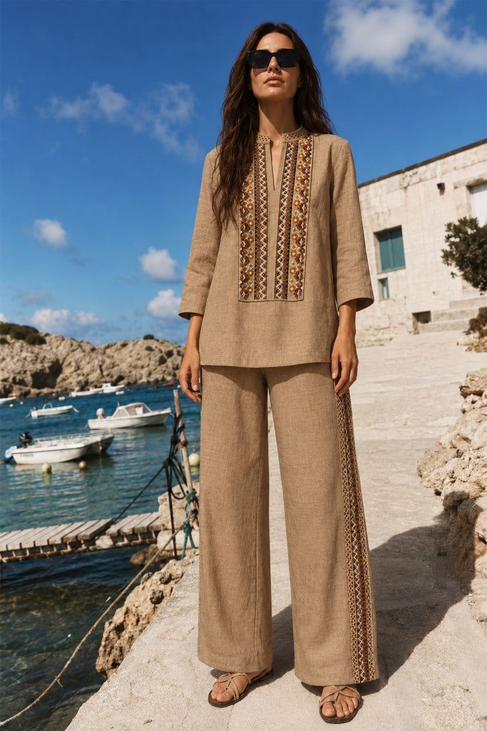 EMBROIDERED LINEN-TEXTURED LONGLINE TOP & WIDE-LEGGED PANT SET dash and dot