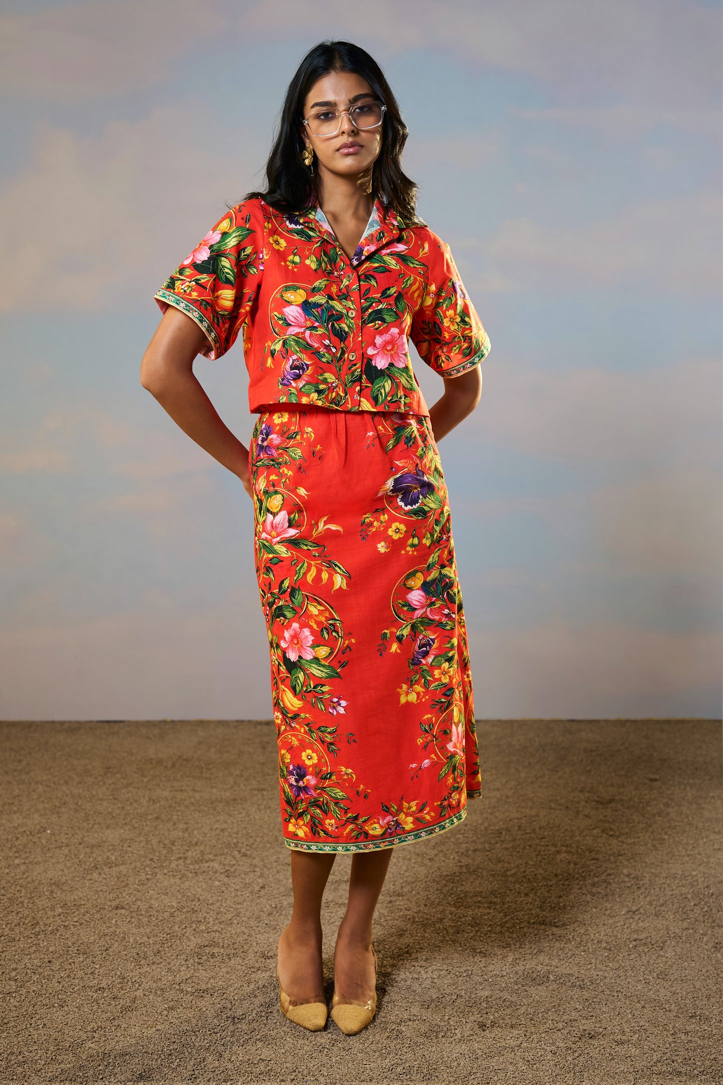 LINEN PLACED FLORAL PRINT SHIRT