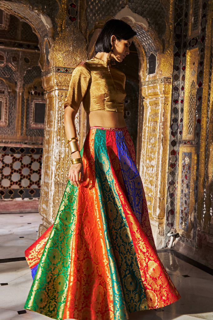 BENARES BROCADE MULTICOLOUR FLARED SKIRT dash and dot