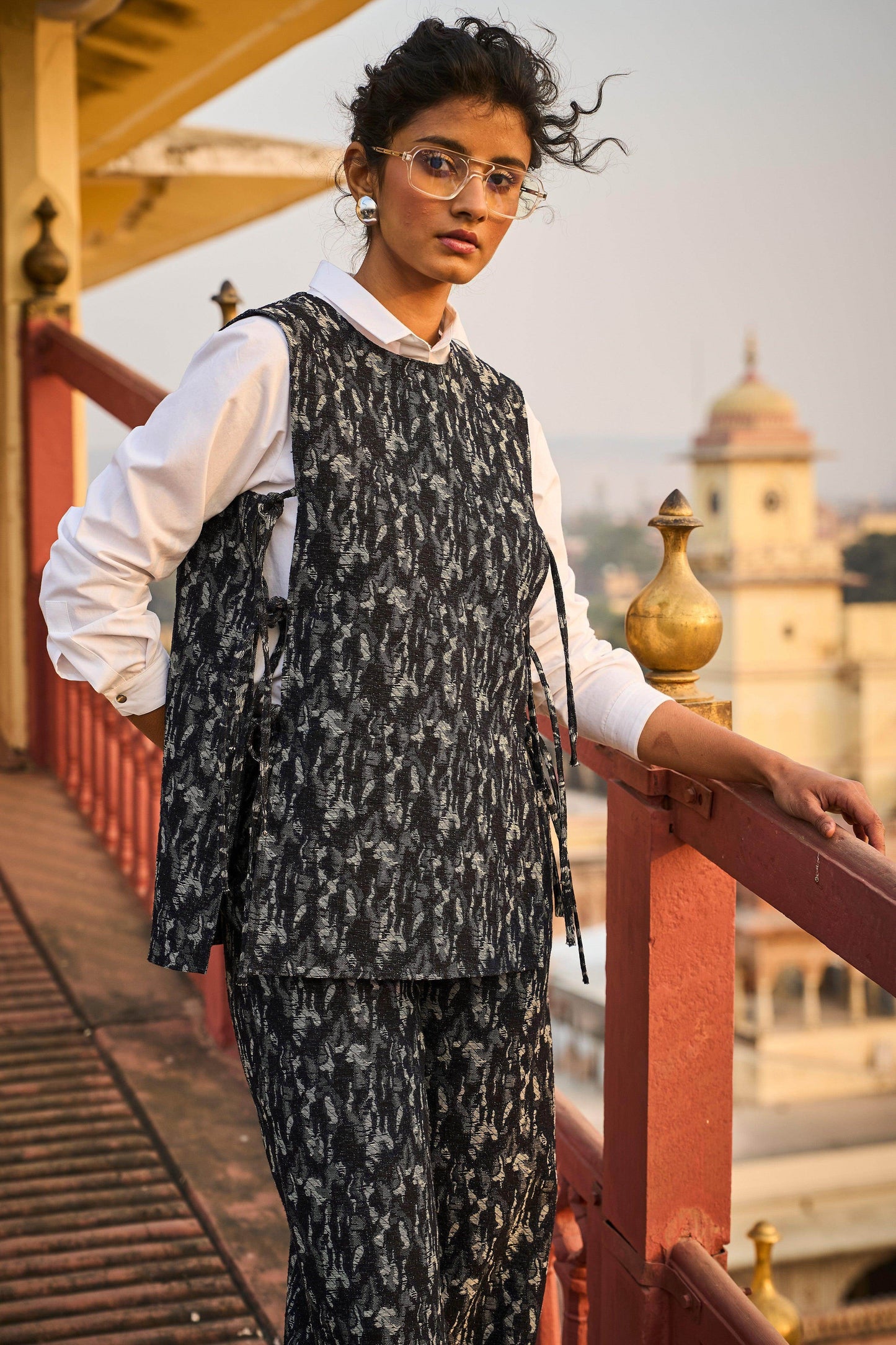 DENIM JACQUARD OVERLAY AND PANT SET - dash and dot