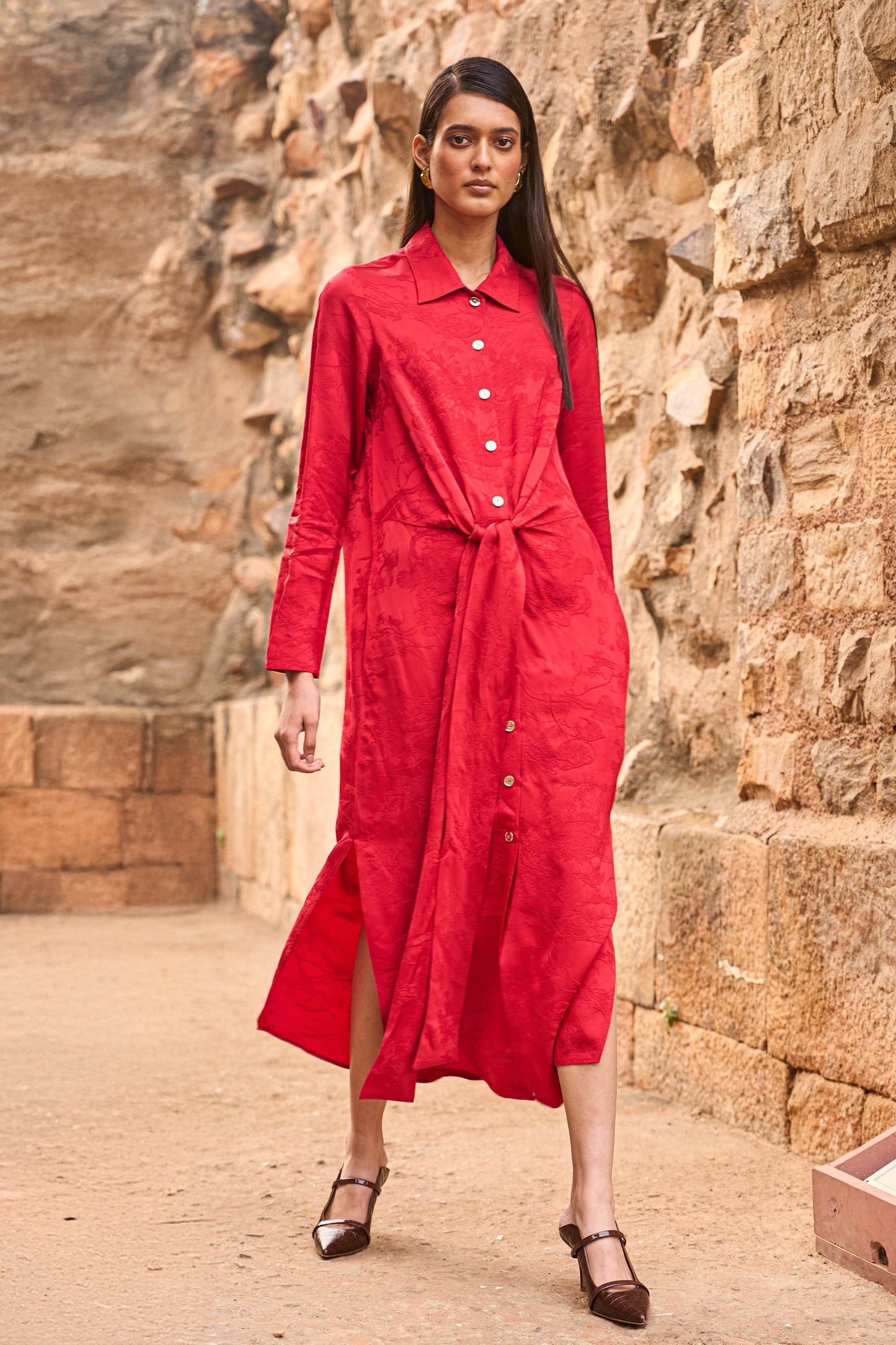 RED JACQUARD SHIRT DRESS - dash and dot