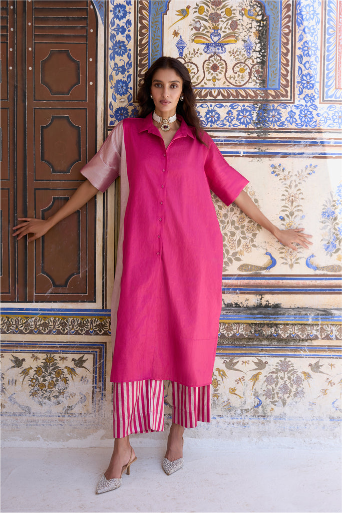 BENARES TISSUE COLOUR BLOCKED LONGLINE TOP & STRIPED PANT SET dash and dot