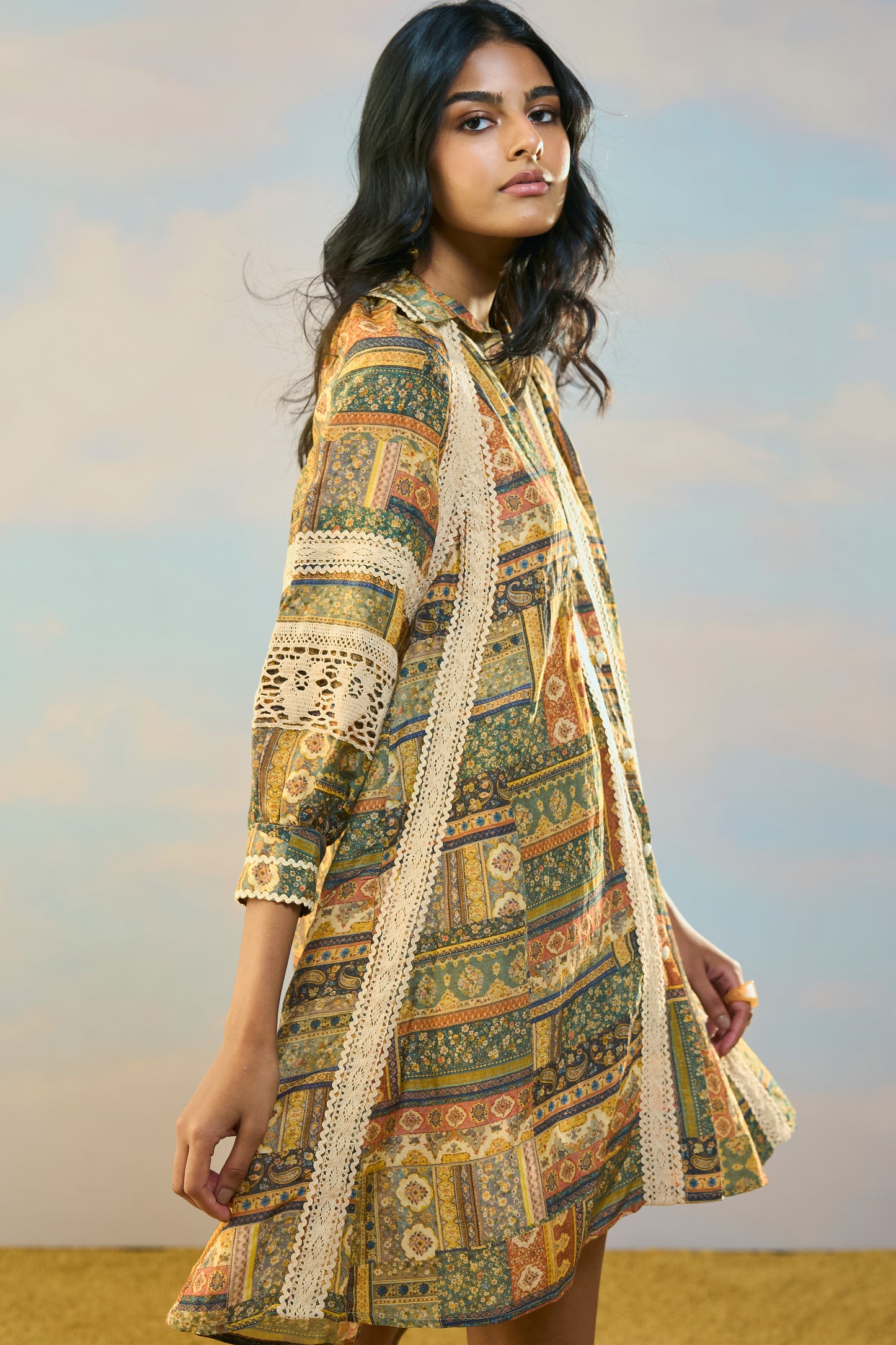 PRINTED LINEN-LACE DRESS