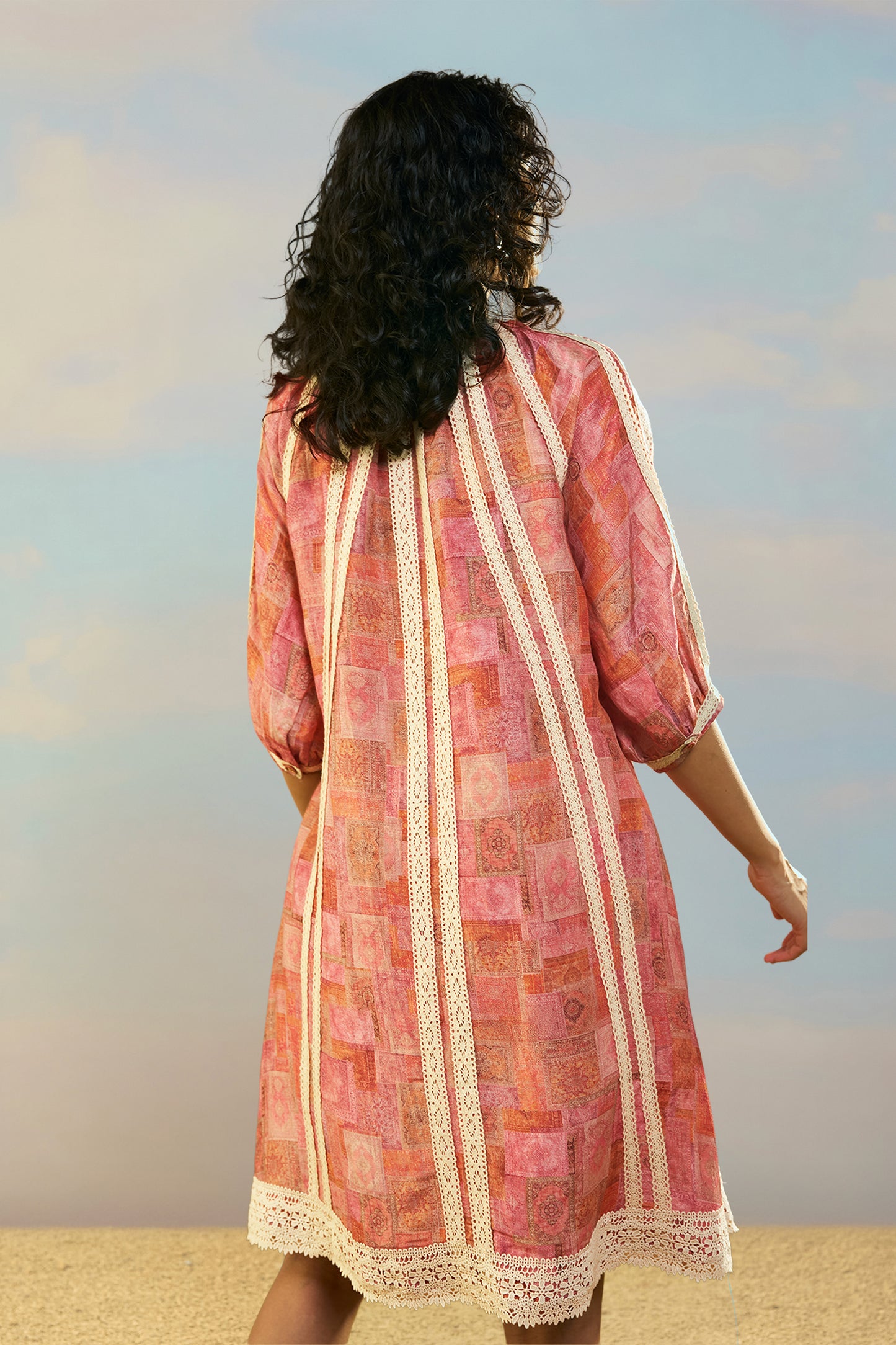 PRINTED LINEN-LACE DRESS