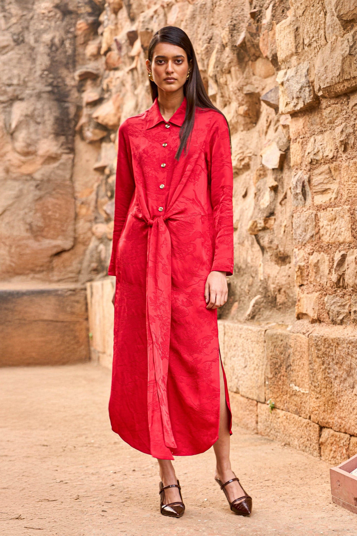 RED JACQUARD SHIRT DRESS - dash and dot