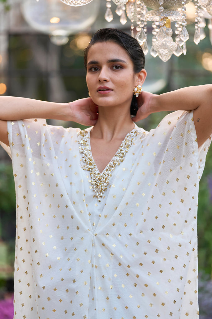 EMBROIDERED BENARES WEAVE KAFTAN DRESS dash and dot