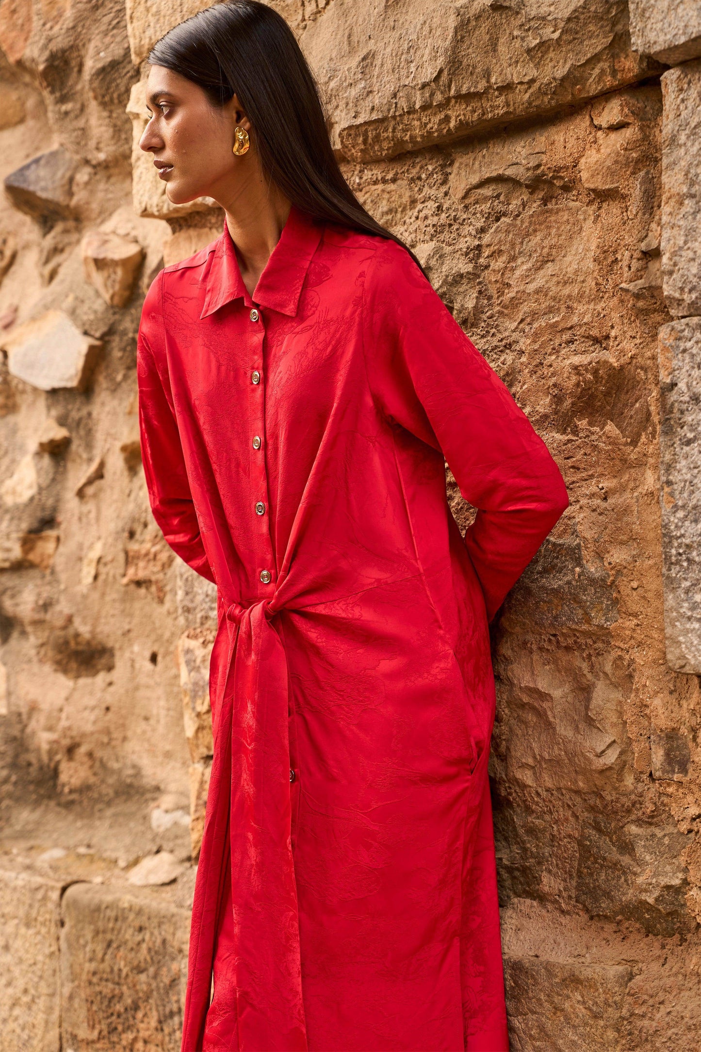 RED JACQUARD SHIRT DRESS - dash and dot