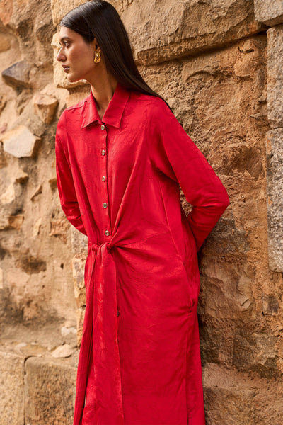 RED JACQUARD SHIRT DRESS - dash and dot