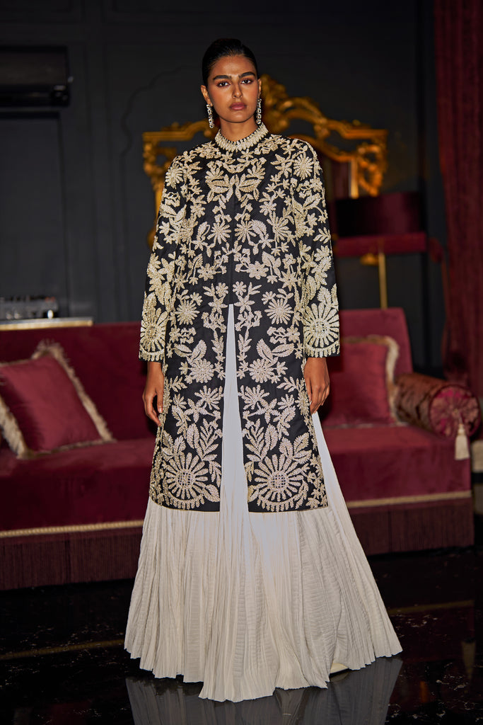 GOTA EMBROIDERED LONGLINE JACKET AND CRUSHED SKIRT dash and dot