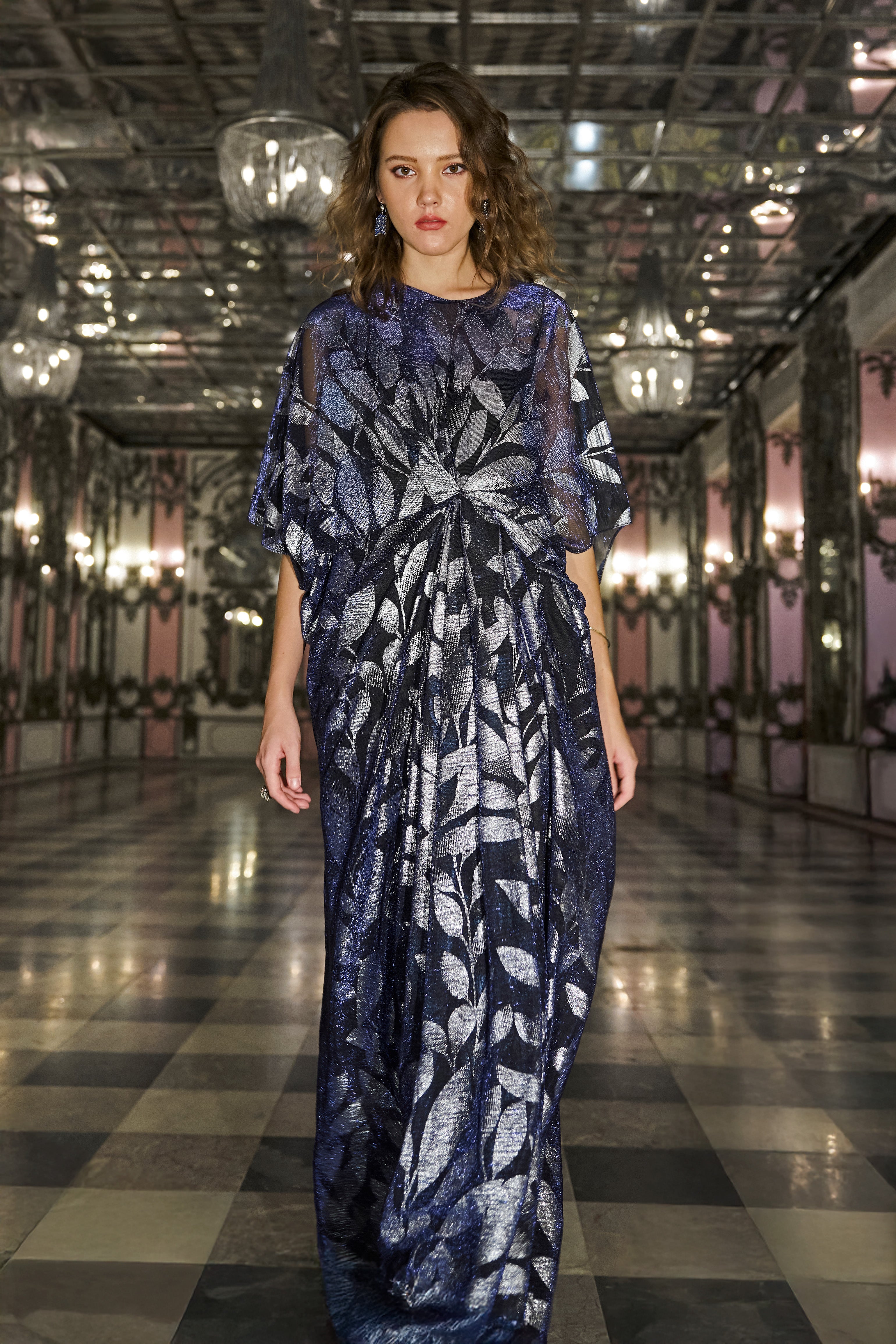 pleated kaftan dress Kaftan Dress - Wedding Guest & Formal Gala - Asymmetric Accordion Pleats Crystal Vine - Crepe - US 6