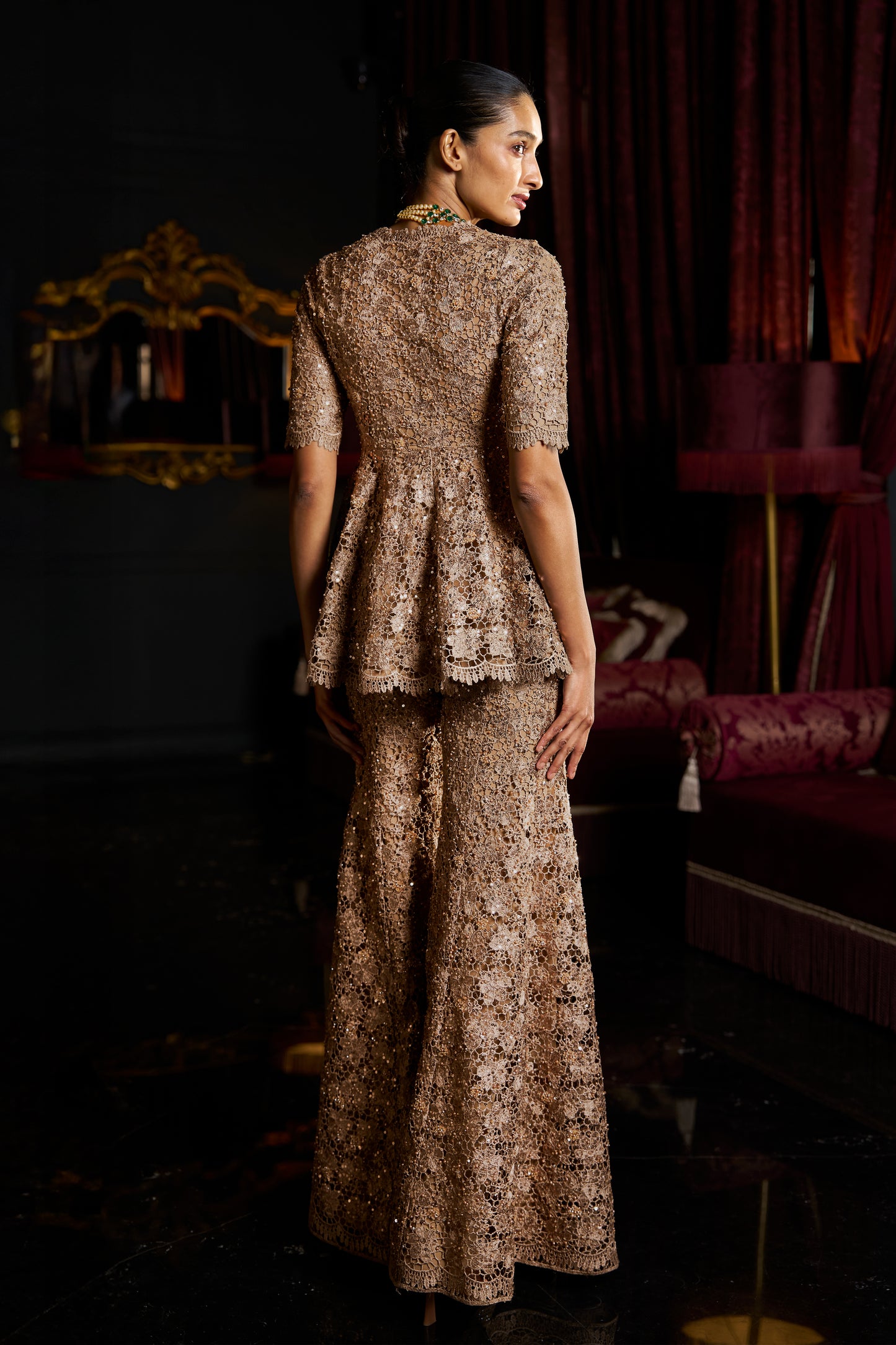 EMBROIDERED LACE PEPLUM TOP AND PANT SET