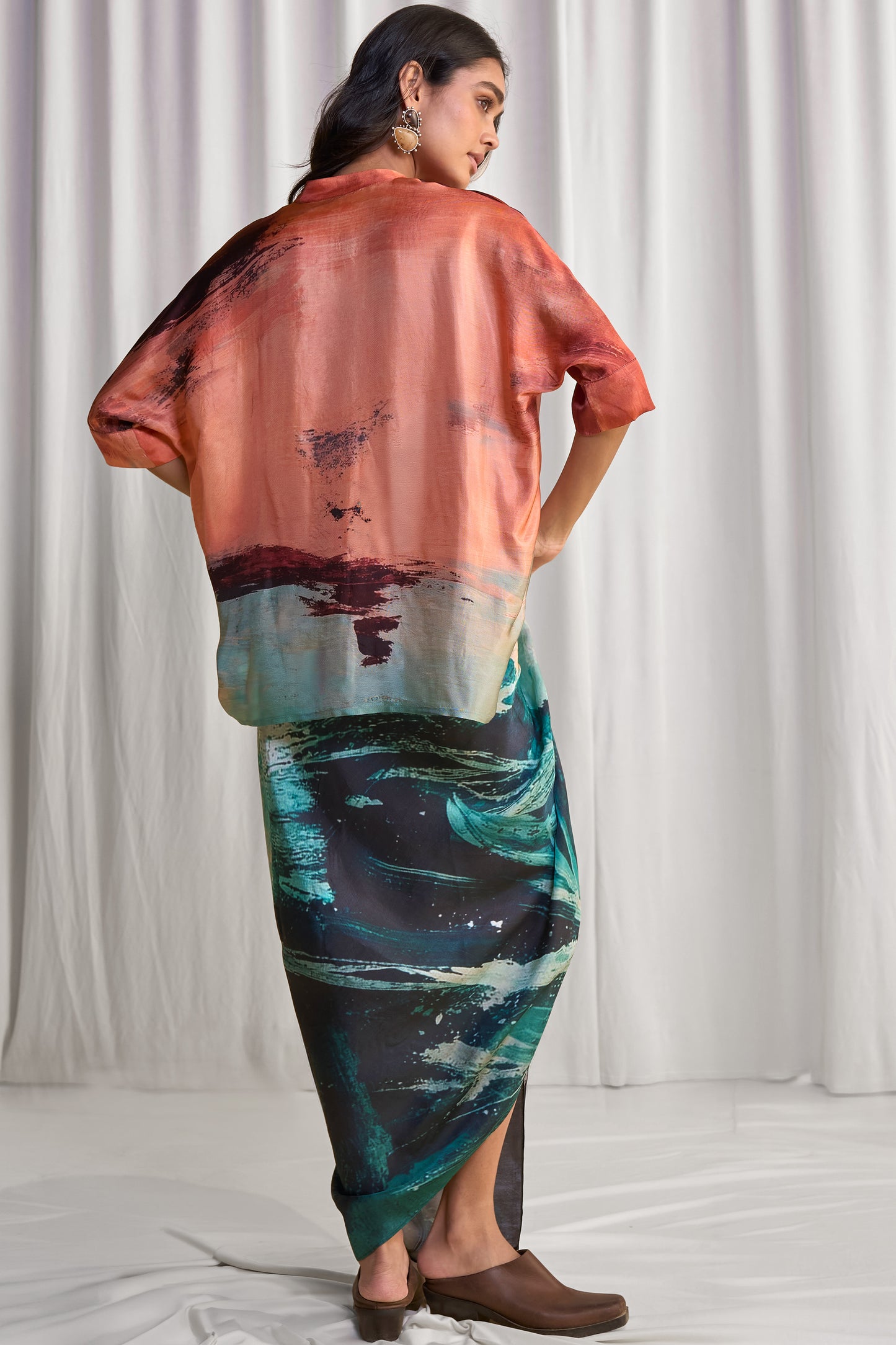 ABSTRACT BRUSHSTROKE PRINT BOXY SHIRT & DRAPED SKIRT