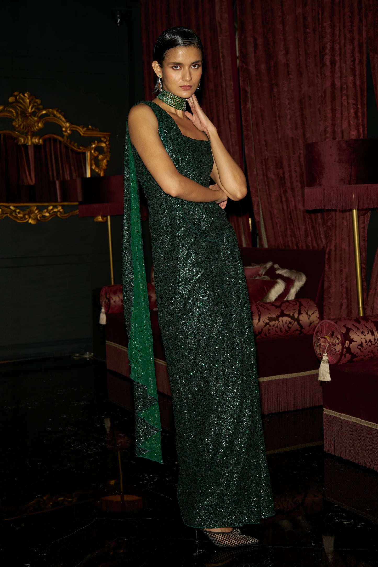 EMERALD SEQUIN SARI DRAPE GOWN