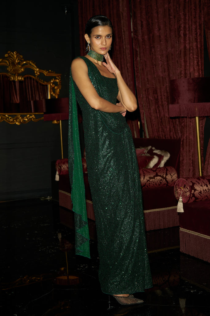 EMERALD SEQUIN SARI DRAPE GOWN dash and dot