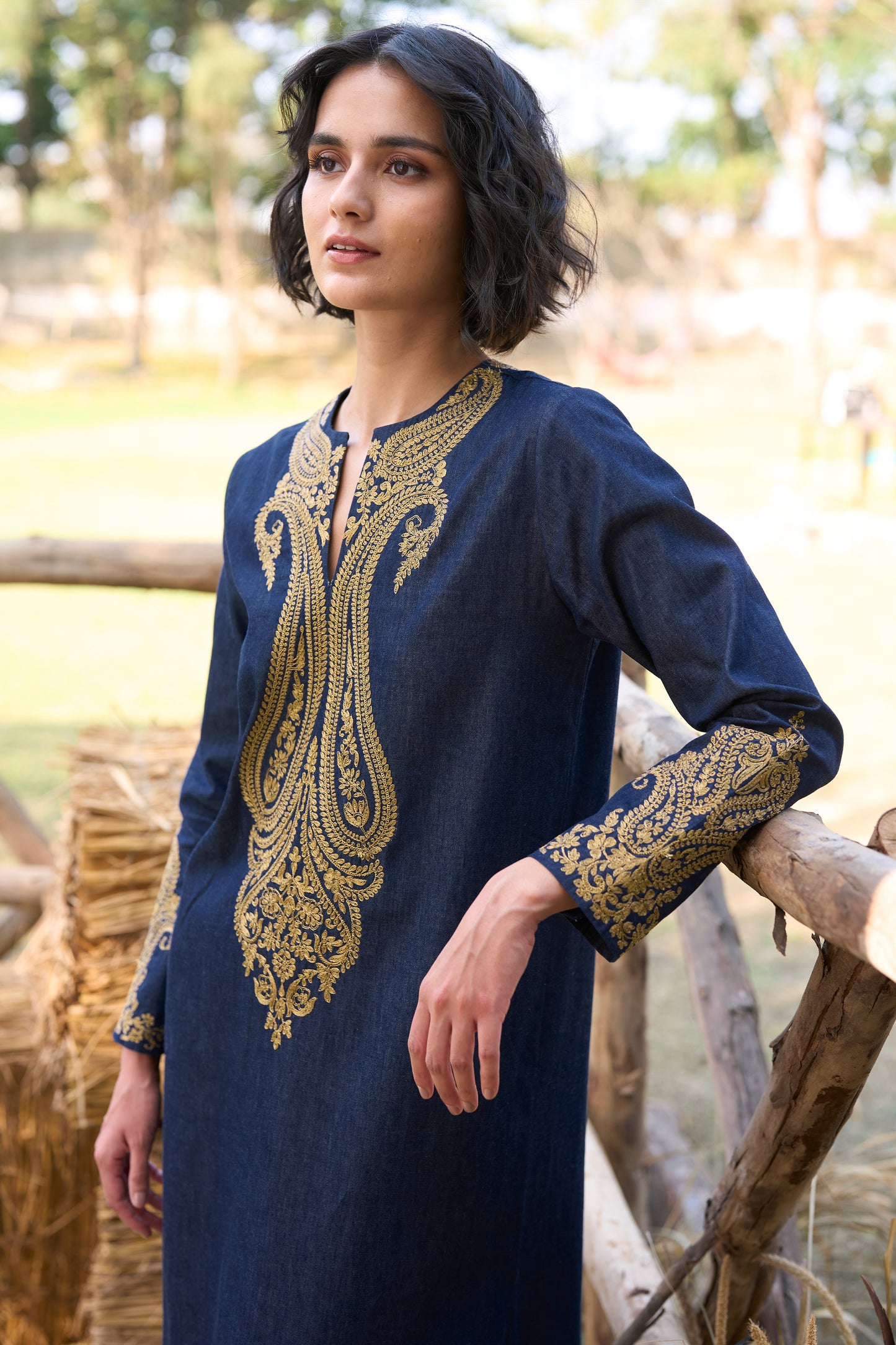 EMBROIDERED DENIM KAFTAN DRESS