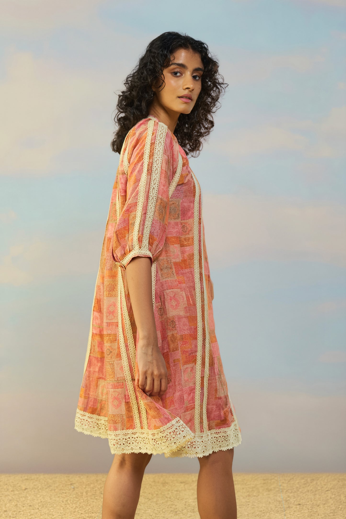 PRINTED LINEN-LACE DRESS