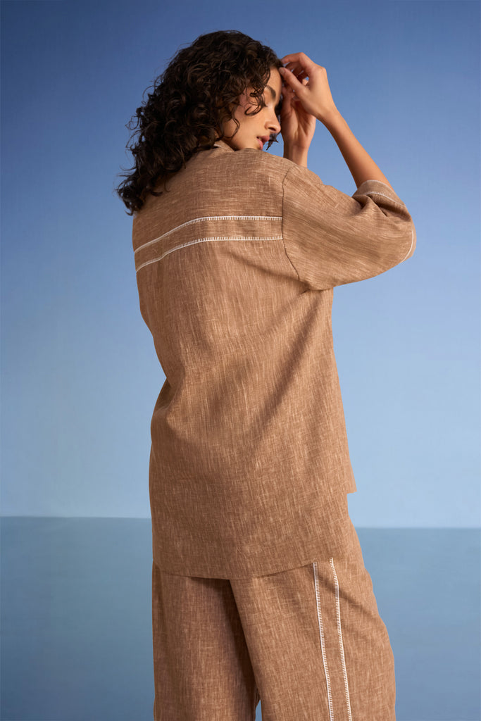 FLORAL APPLIQUÉ LINEN-TEXTURED SHIRT & WIDE-LEGGED PANT SET dash and dot