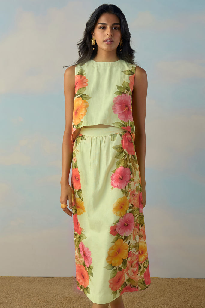 LINEN TULIP BACK PLACED FLORAL TOP & SKIRT SET dash and dot