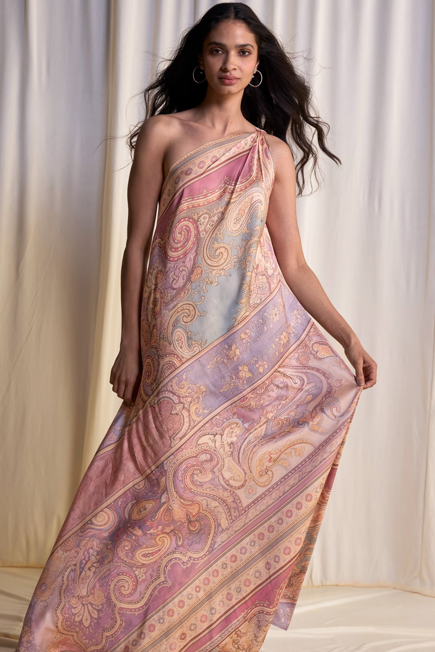 ONE-SHOULDER SCARF PRINT MAXI