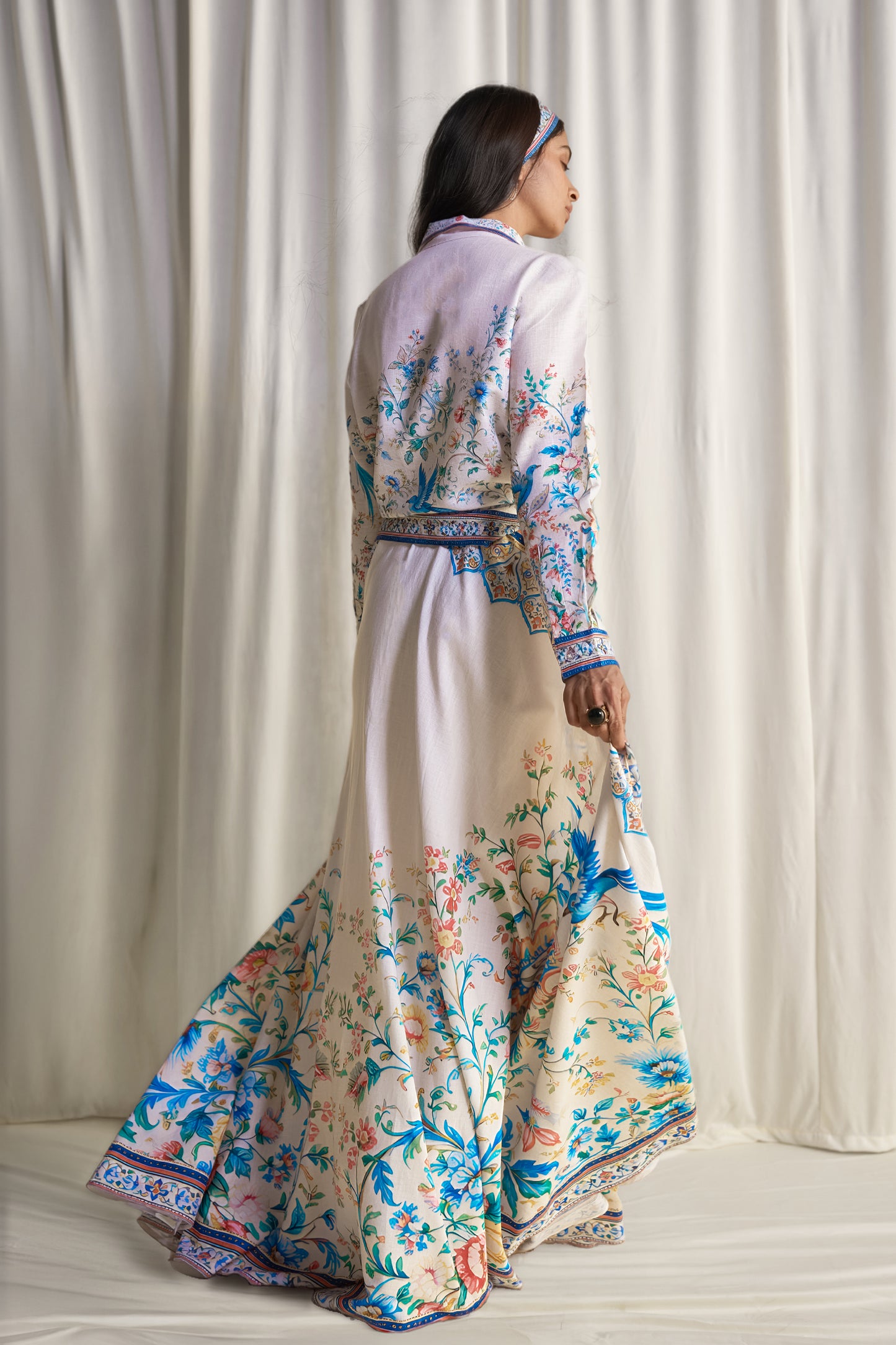 LINEN BOTANICAL PRINT SHIRT & MAXI SKIRT WITH TWILLY SCARF