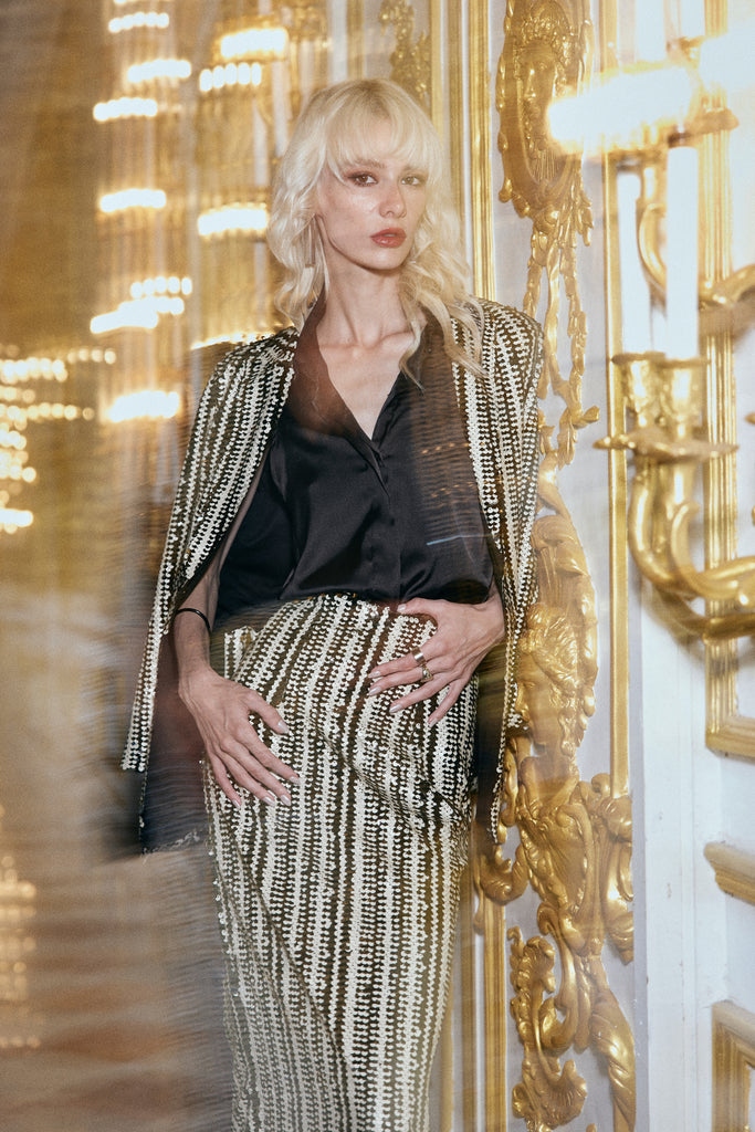TEXTURED SEQUIN STRIPE BLAZER & SKIRT dash and dot