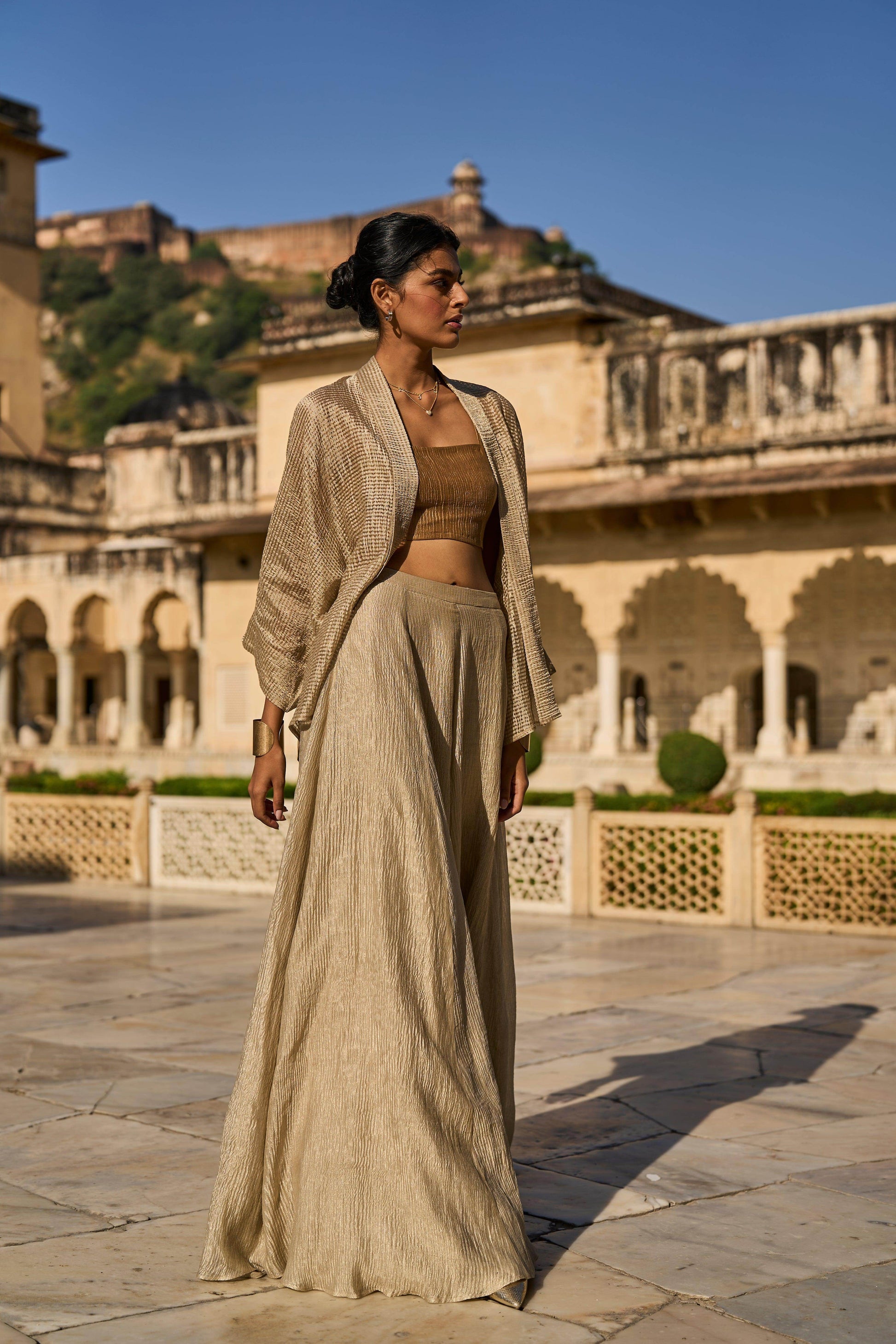 GOLD TISSUE BRALETTE, SHRUG AND SKIRT SET - dash and dot