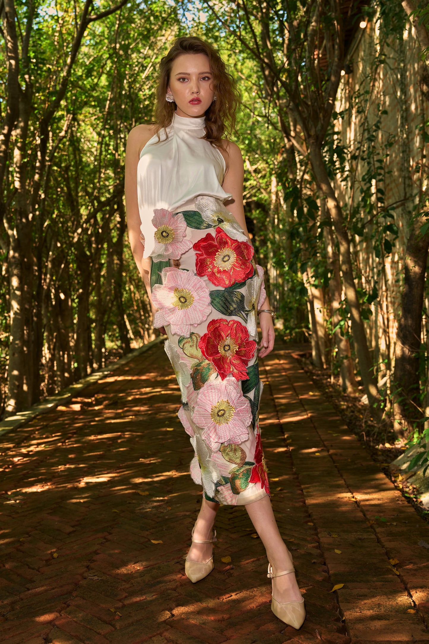 IVORY SATIN HALTER TOP & 3D FLORAL MIDI SKIRT