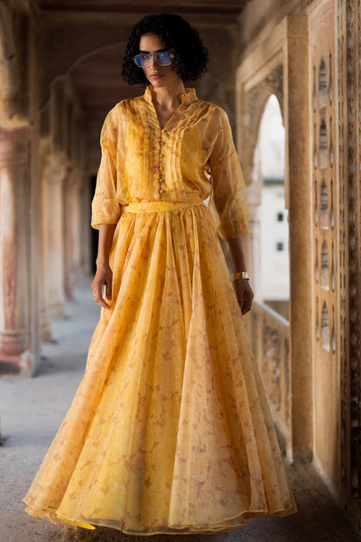 PRINTED ORGANZA PLEATED SHIRT & MAXI SKIRT SET