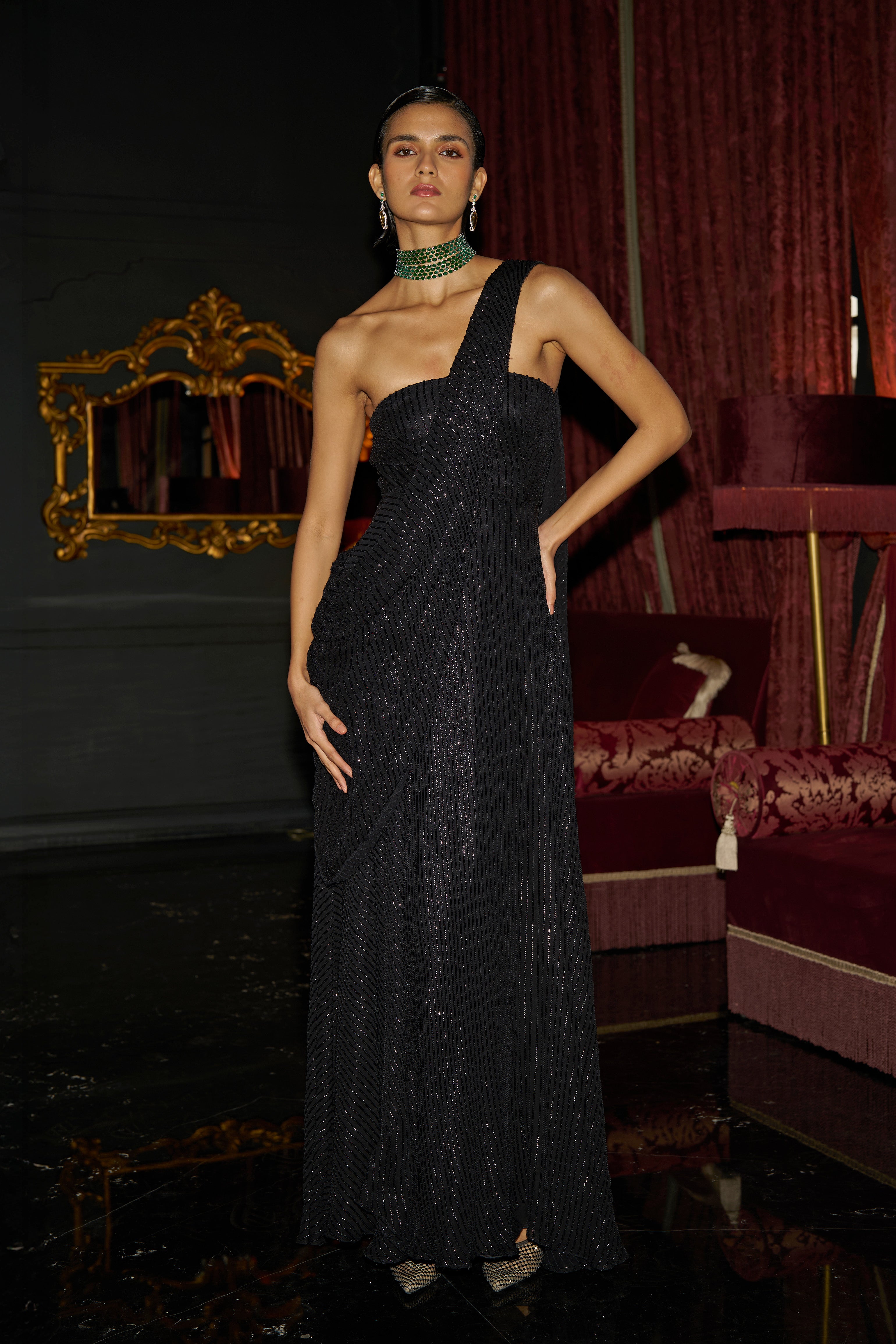 black sequin drape dress XXS / Black BLACK SEQUIN SARI DRAPE GOWN