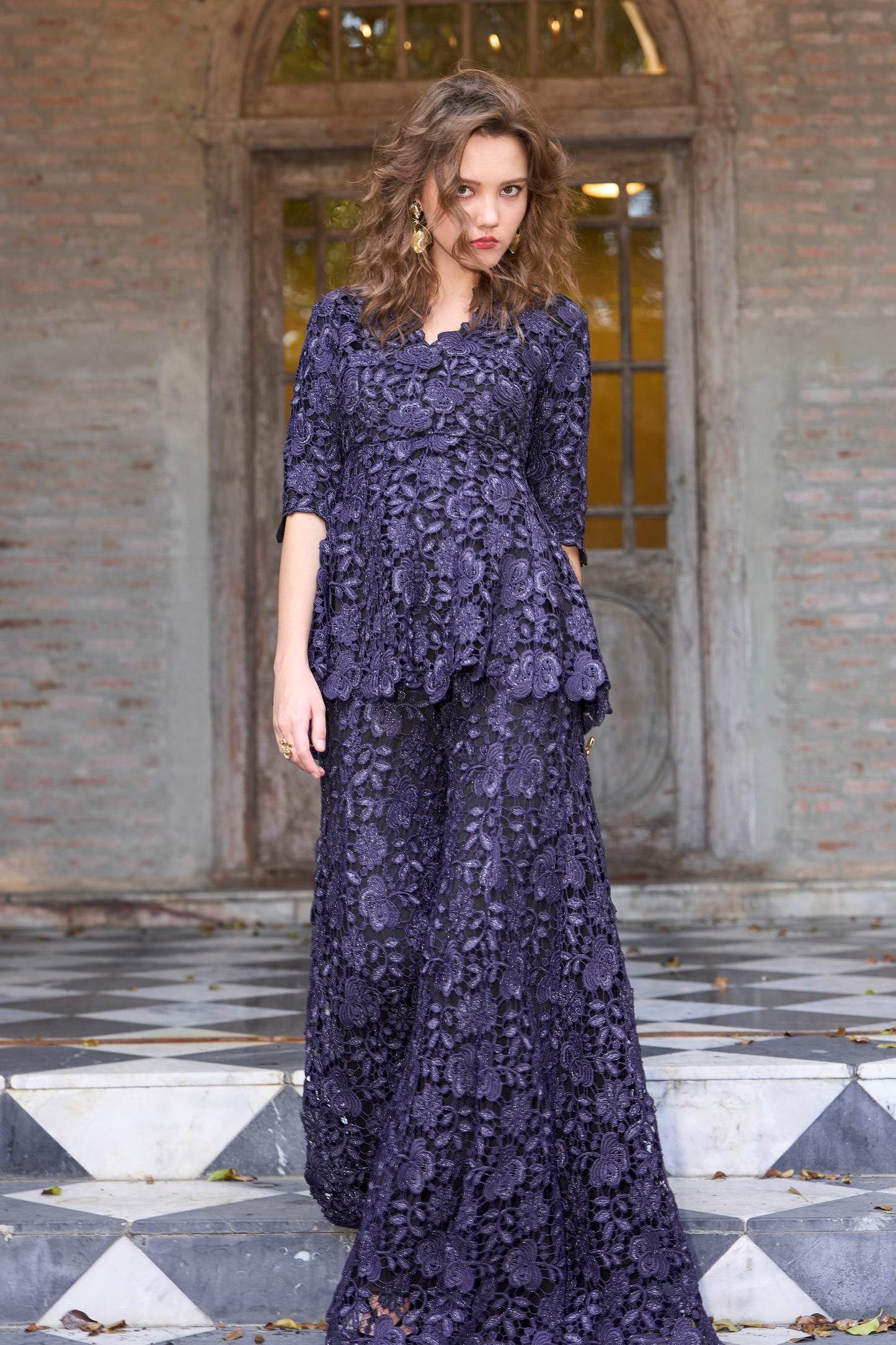 EMBROIDERED LACE PEPLUM TOP