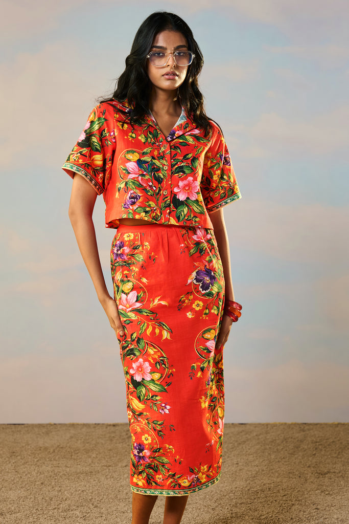 LINEN PLACED FLORAL PRINT SHIRT & SKIRT SET dash and dot