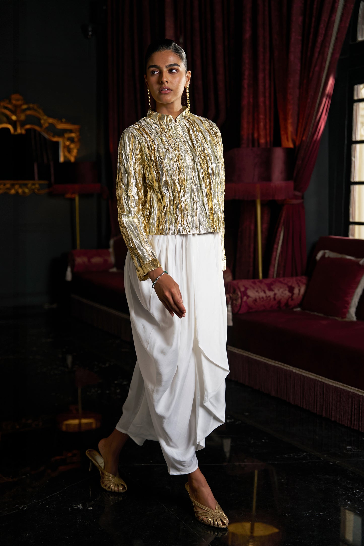 CRUSHED GOTA WEAVE BOLERO & IVORY COWL PANT