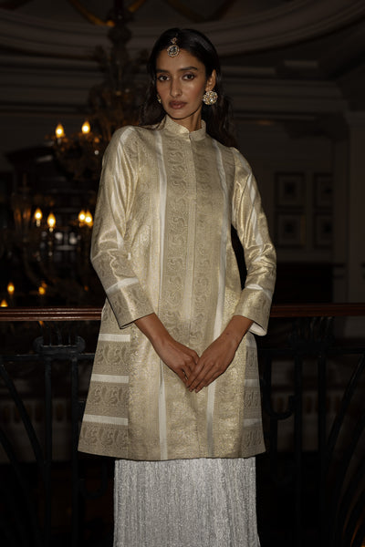 BENARES SILK BROCADE LONGLINE JACKET & CRUSHED CRINKLED MAXI SKIRT