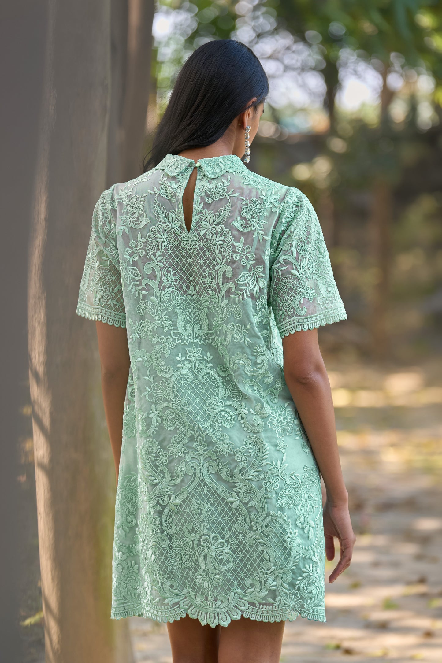 SCALLOPED EMBROIDERED MINI SHIRT DRESS
