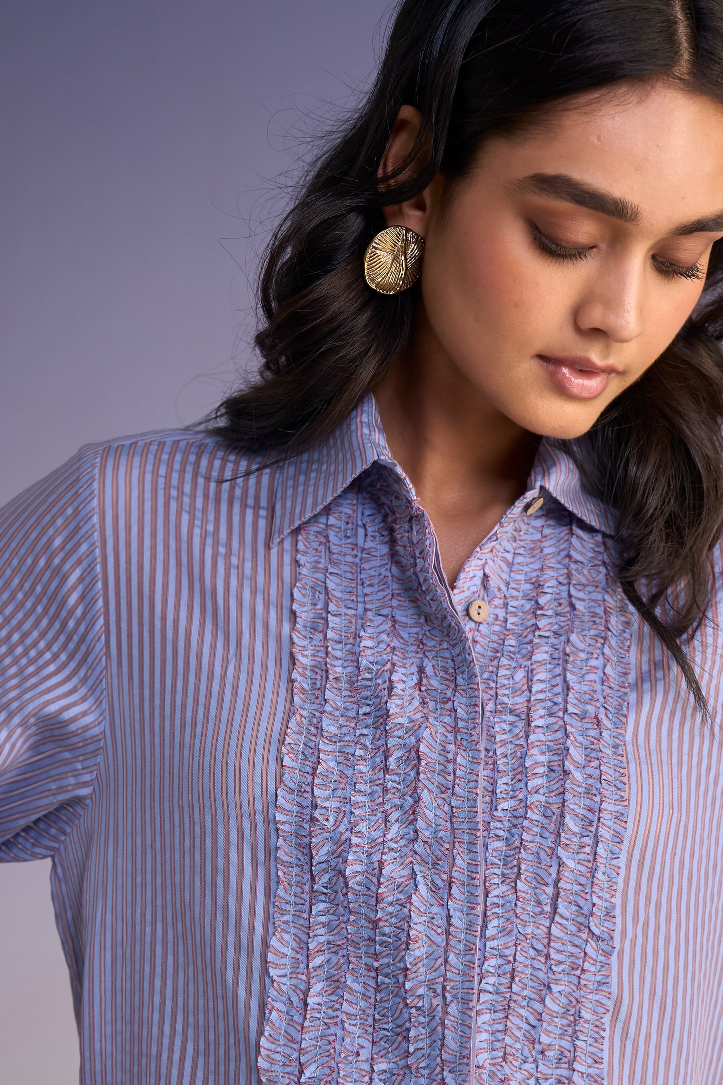 RUFFLED BIB ORGANZA STRIPE SHIRT DRESS