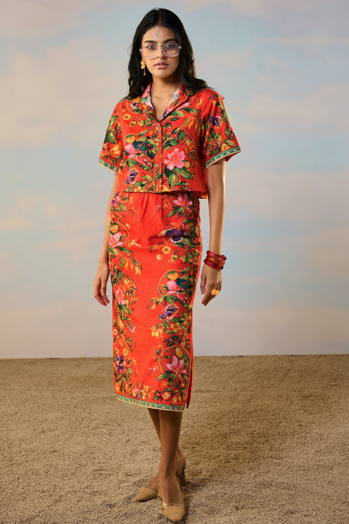 LINEN PLACED FLORAL PRINT SKIRT