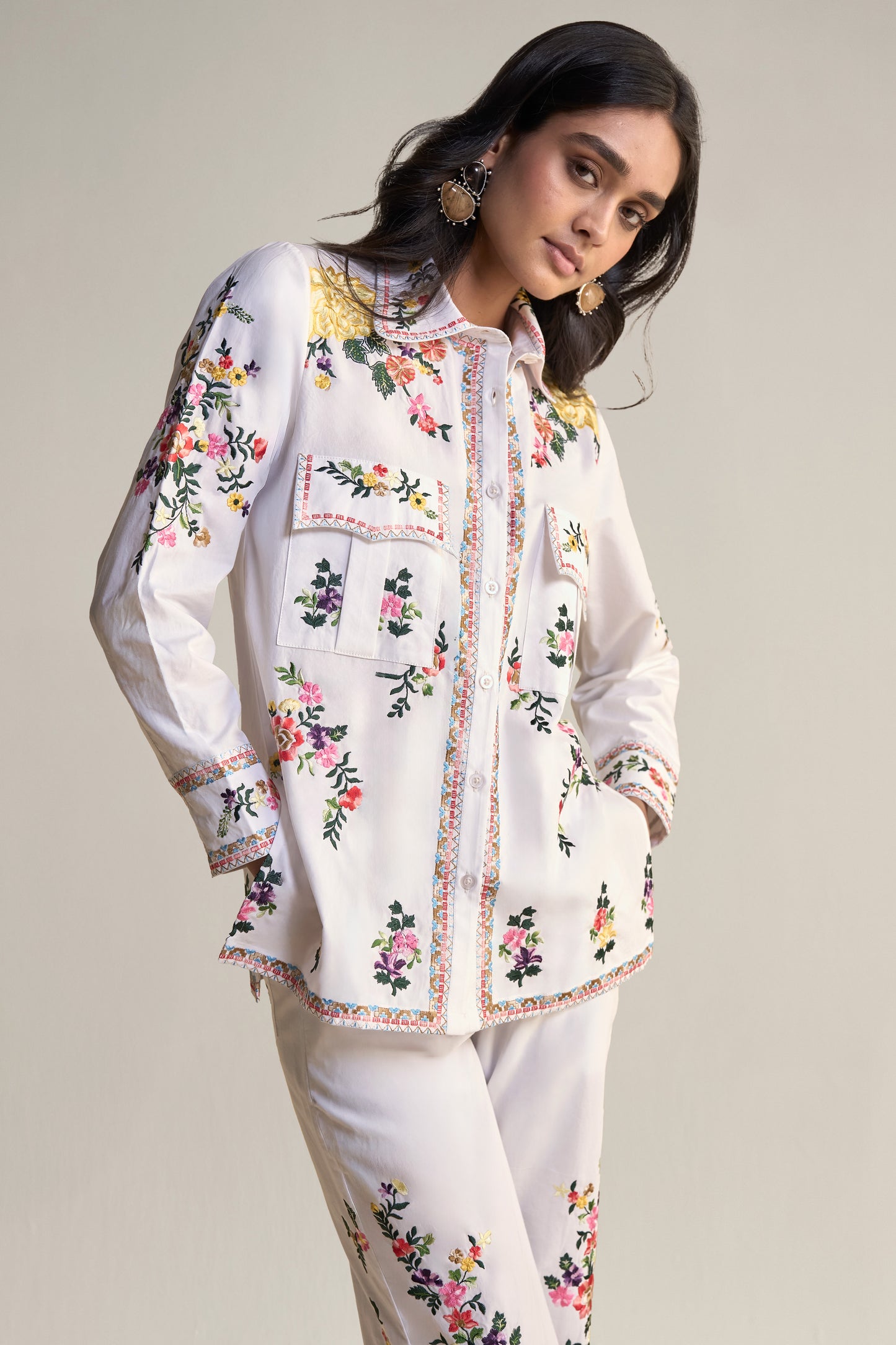 PLACEMENT FLORAL EMBROIDERED POPLIN PANT SET