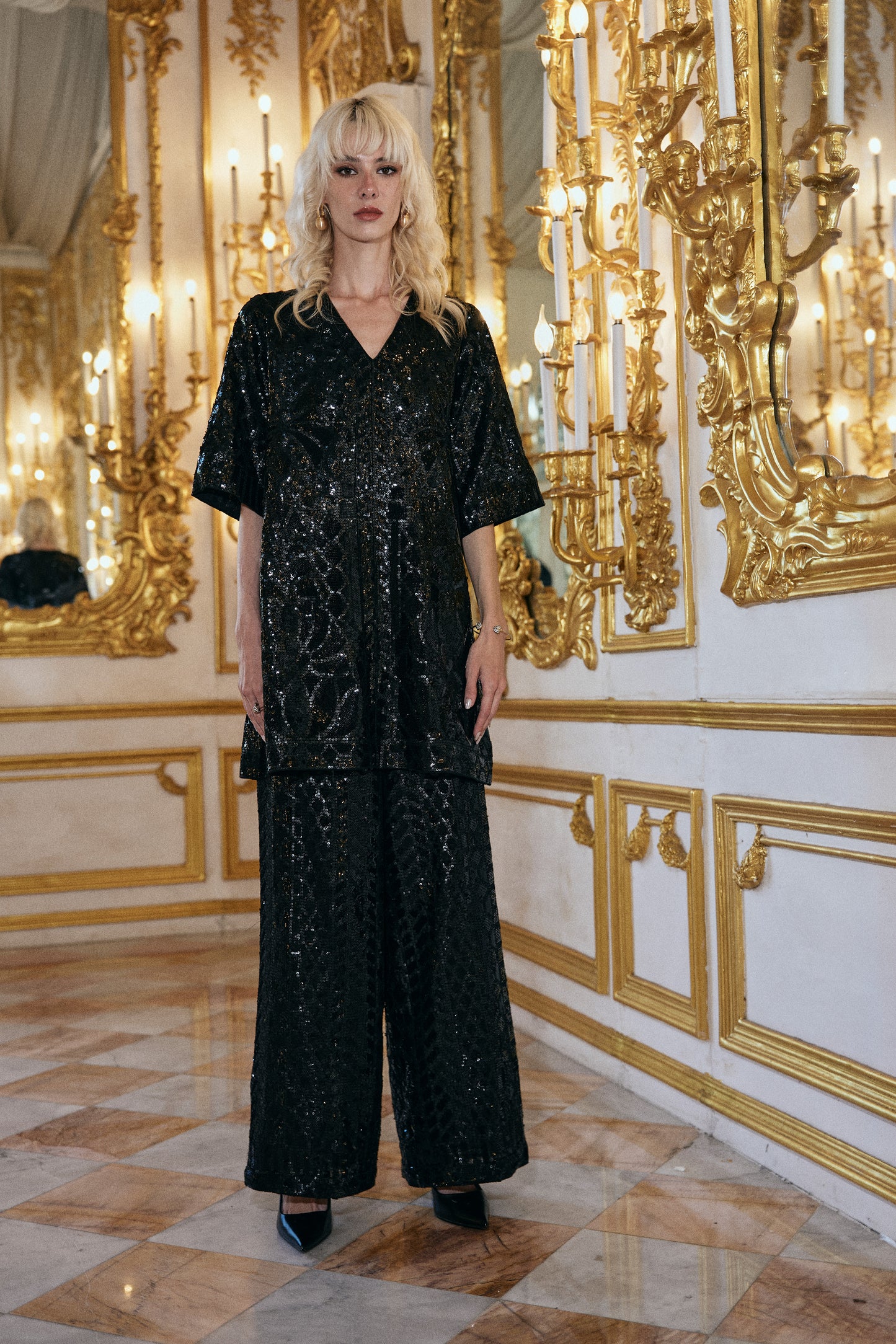 BLACK SEQUIN EMBROIDERED PANT