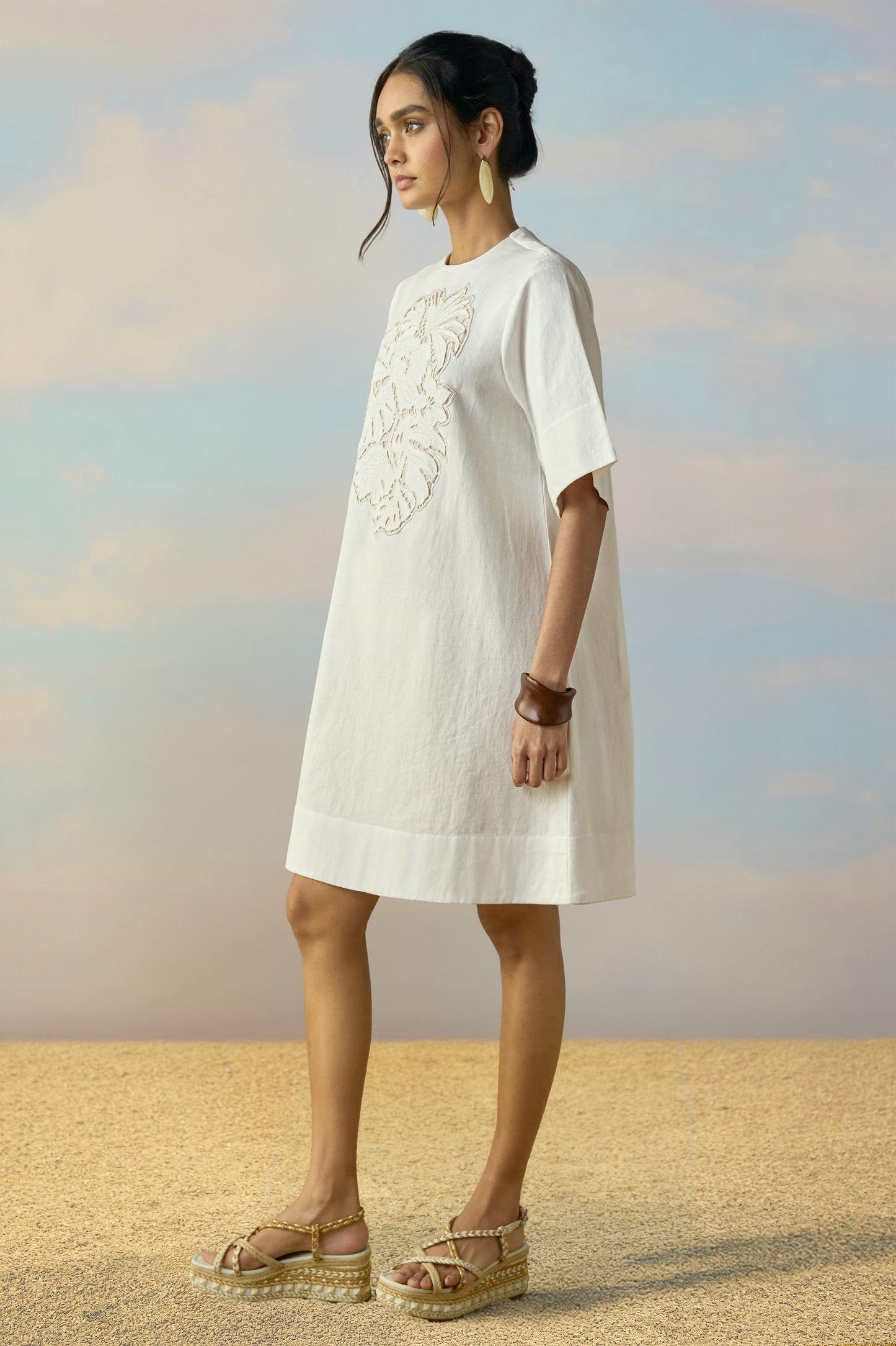 CUTWORK EMBROIDERED DENIM DRESS