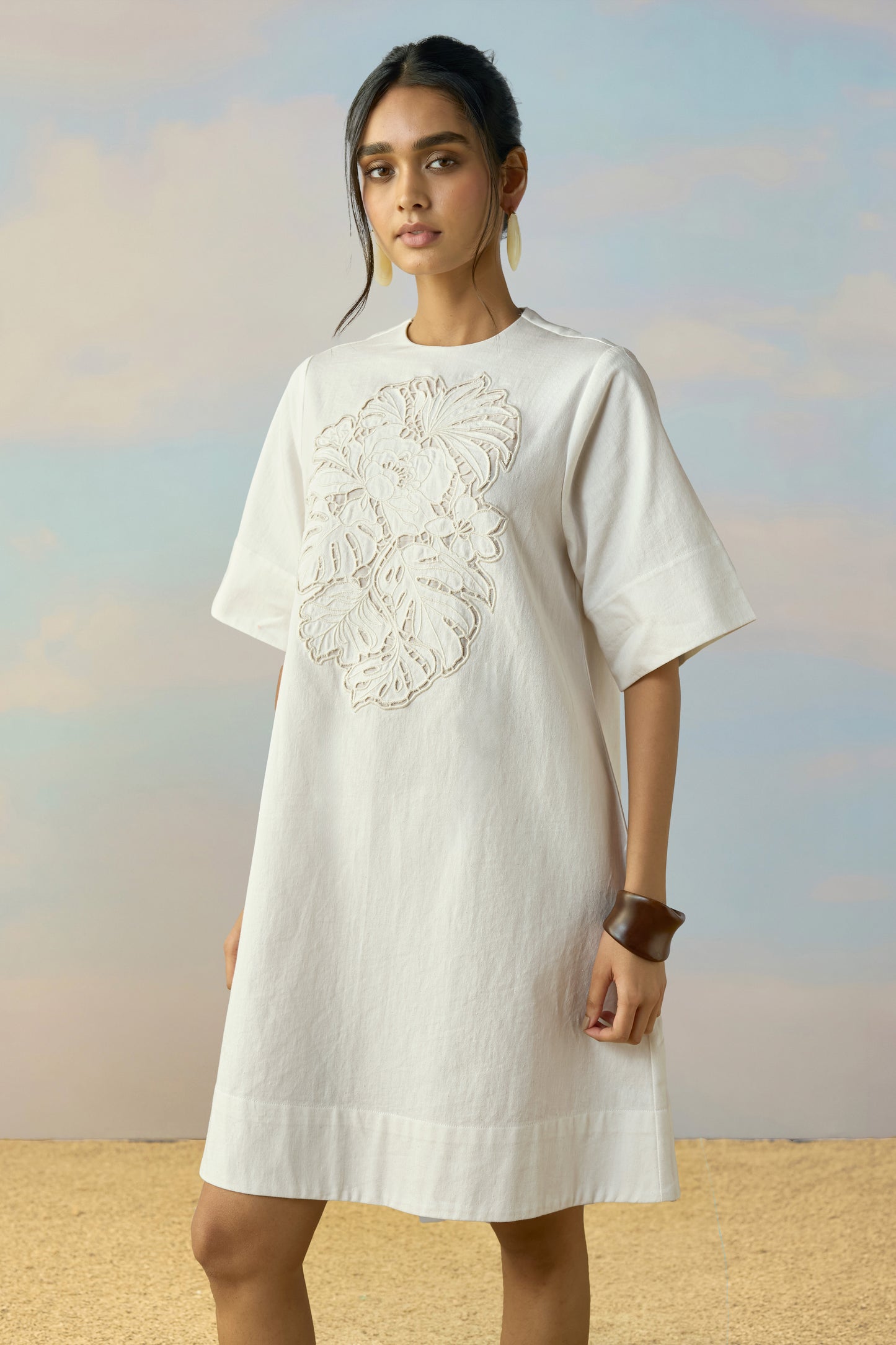 CUTWORK EMBROIDERED DENIM DRESS