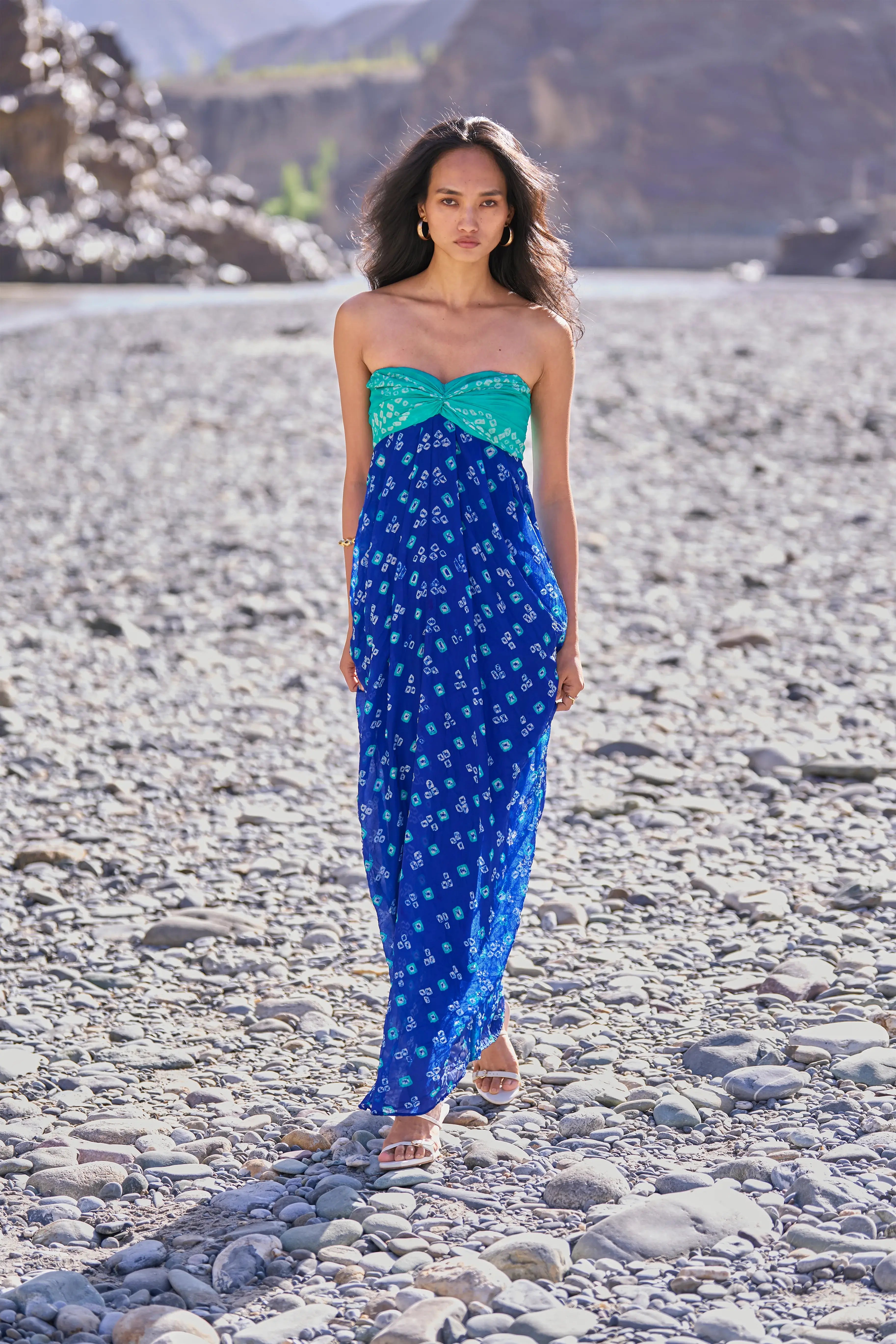 bandhani print maxi dress Green Blue Bandhani Draped Dress S