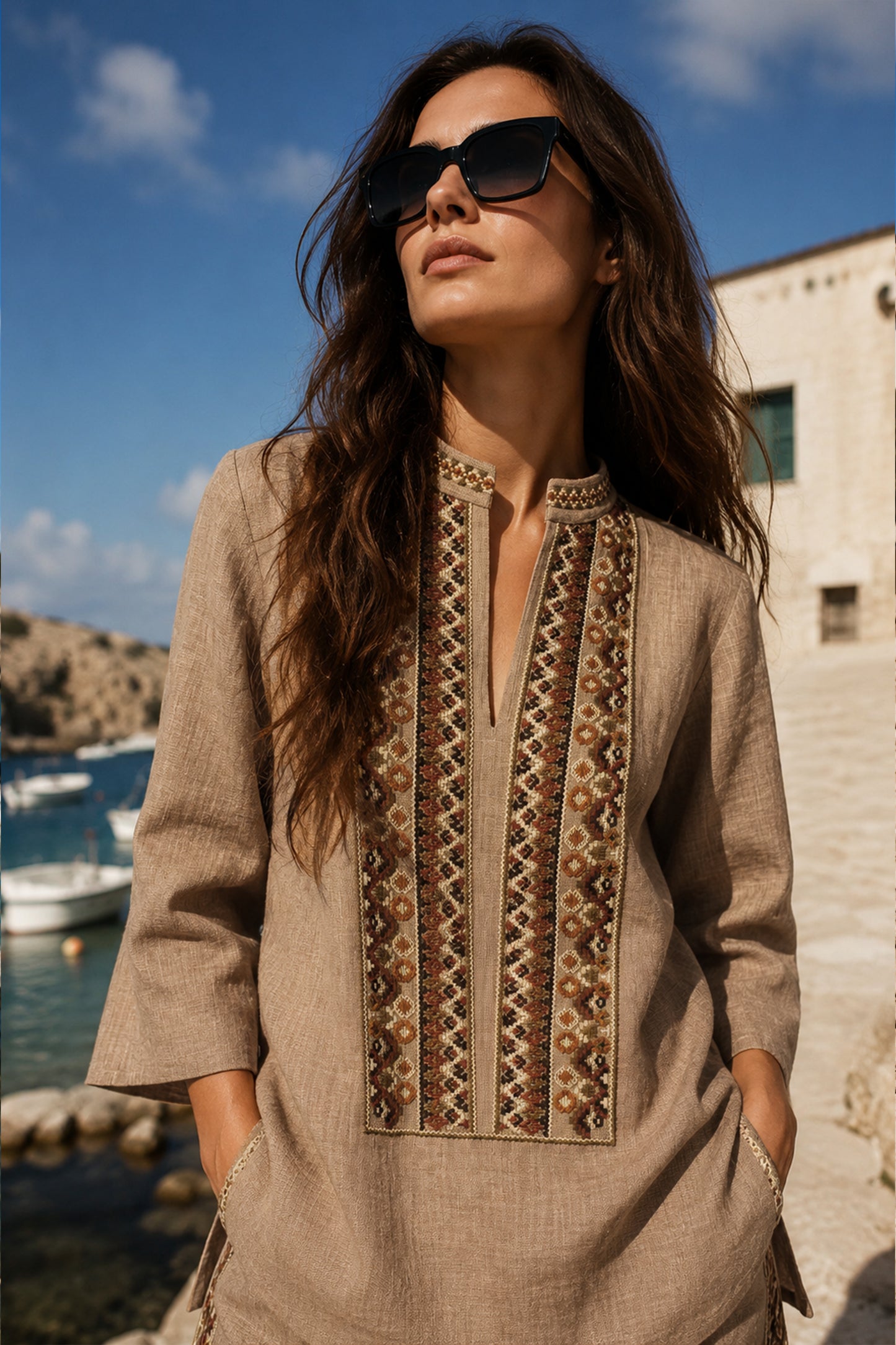 EMBROIDERED LINEN-TEXTURED LONGLINE TOP & WIDE-LEGGED PANT SET