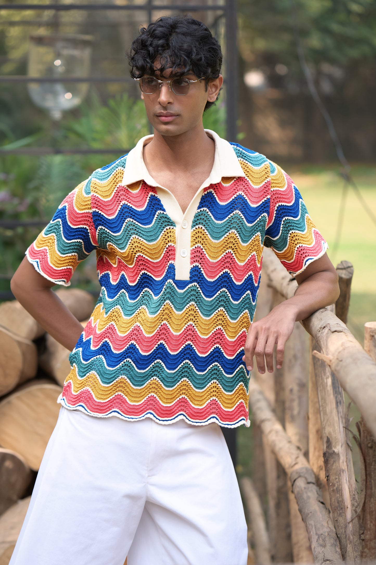 MULTICOLOUR KNIT POLO & IVORY DENIM JORTS